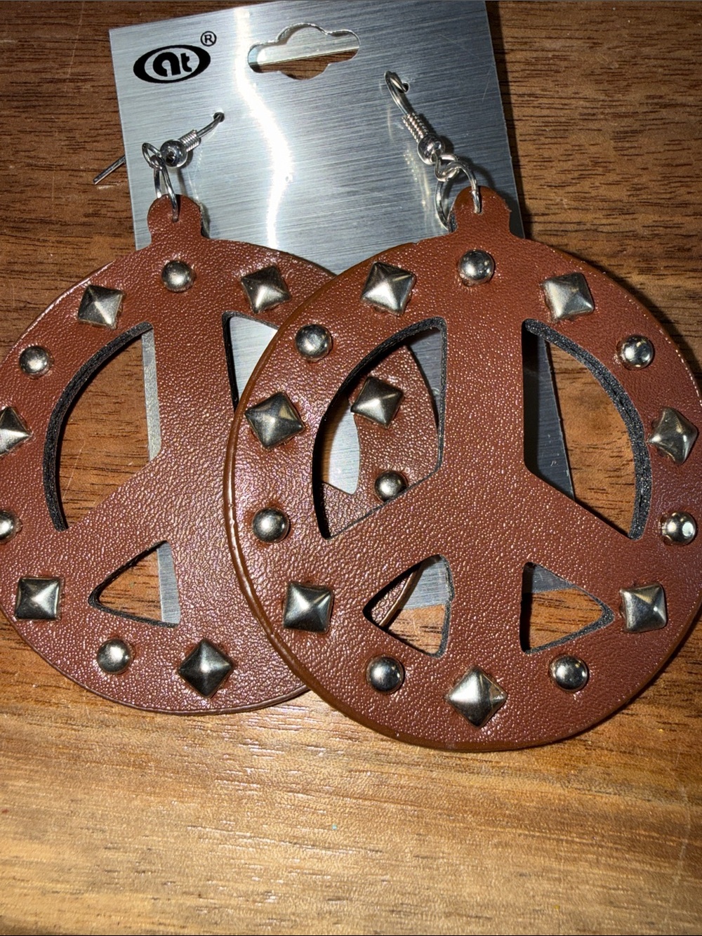 Brown Faux Leather Studded Peace Sign Dangle Earrings